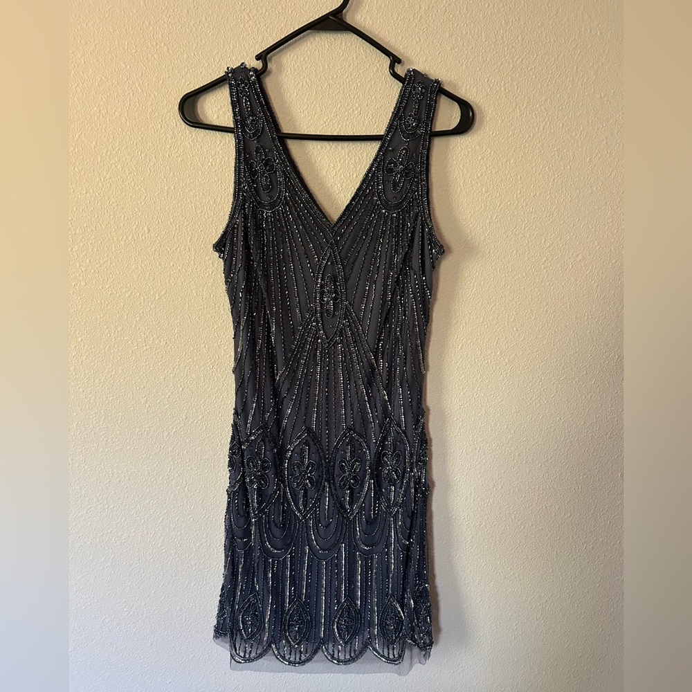 Prelude Beaded V-Neck Sleeveless Cocktail Dress in Blue